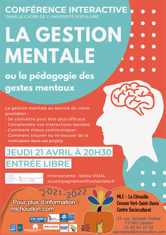 Conférence interactive sur la gestion mentale, jeudi 21 avril 2022 à 20h30 à la MLC de Cesson Vert-Saint-Denis