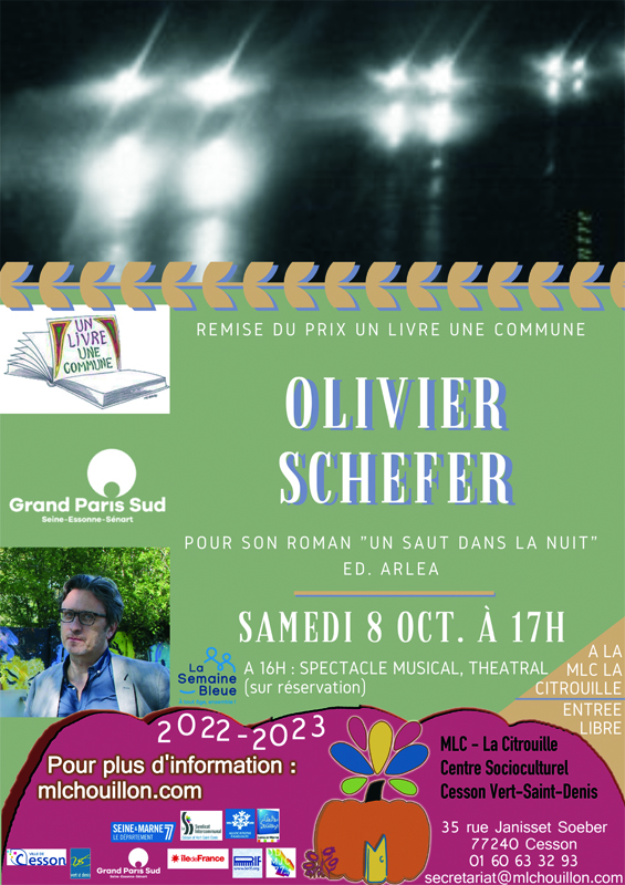 Remise du prix Littéraire à Olivier Schefer samedi 8 octobre 2022 à 17h à la MLC - la Citrouille, centre socioculturel de Cesson Vert-Saint-Denis