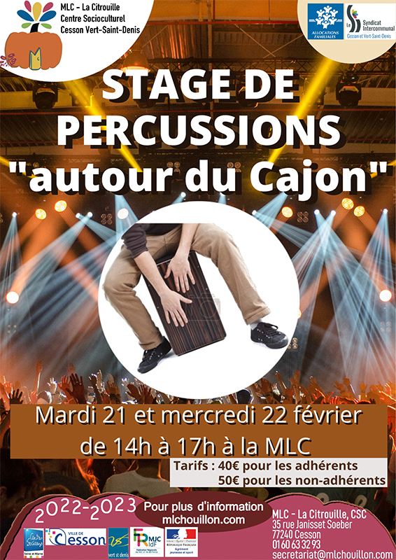 Stage de percussion autour du cajon les 21 et 22 février 2023 de 14h à 17h jà la MLC - la Citrouille, centre socioculturel