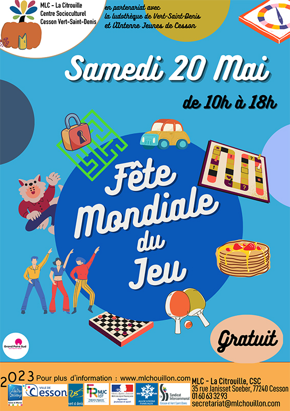 FÊTE MONDIALE DU JEU
Samedi 20 mai 2023 de 10h à 18h à la MLC-la Citrouille, centre socioculturel de Cesson Vert-Saint-Denis 